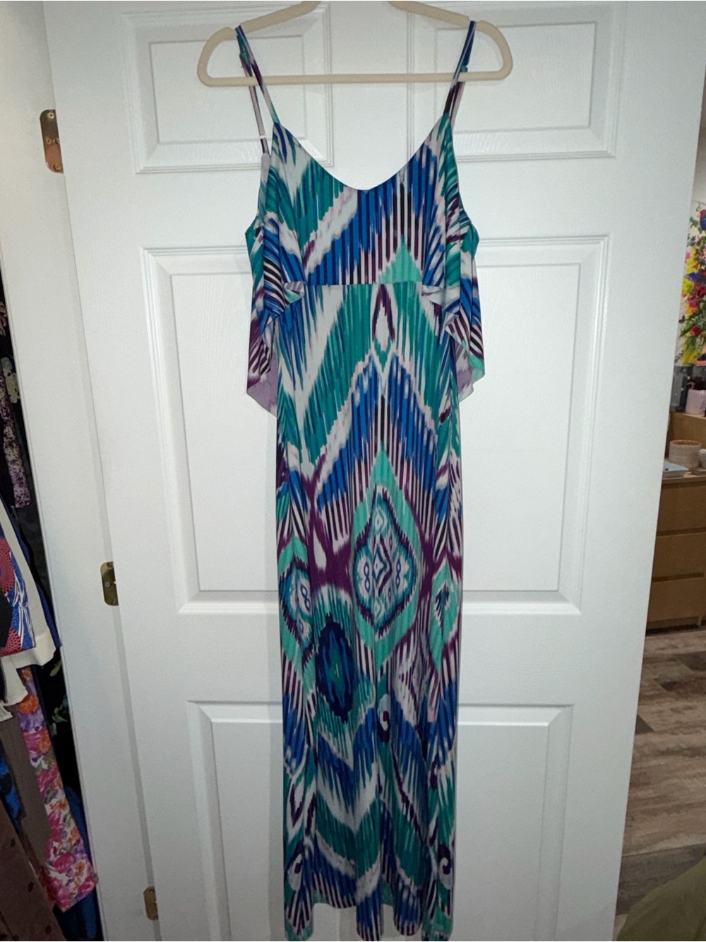 Arden B. Vibrant Ikat Print Deep V-Back Flounce Maxi Dress